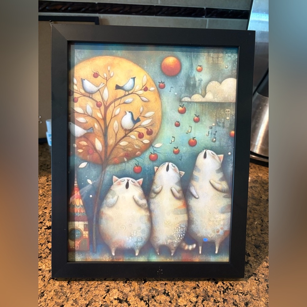 Whimsical Cats Singing to Moon Framed Art Print 8x10
